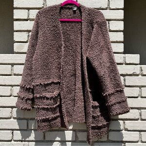 Barefoot Dreams Cozychic Rawedge Stripe Open Cardigan Sweater in Brown - Size XL